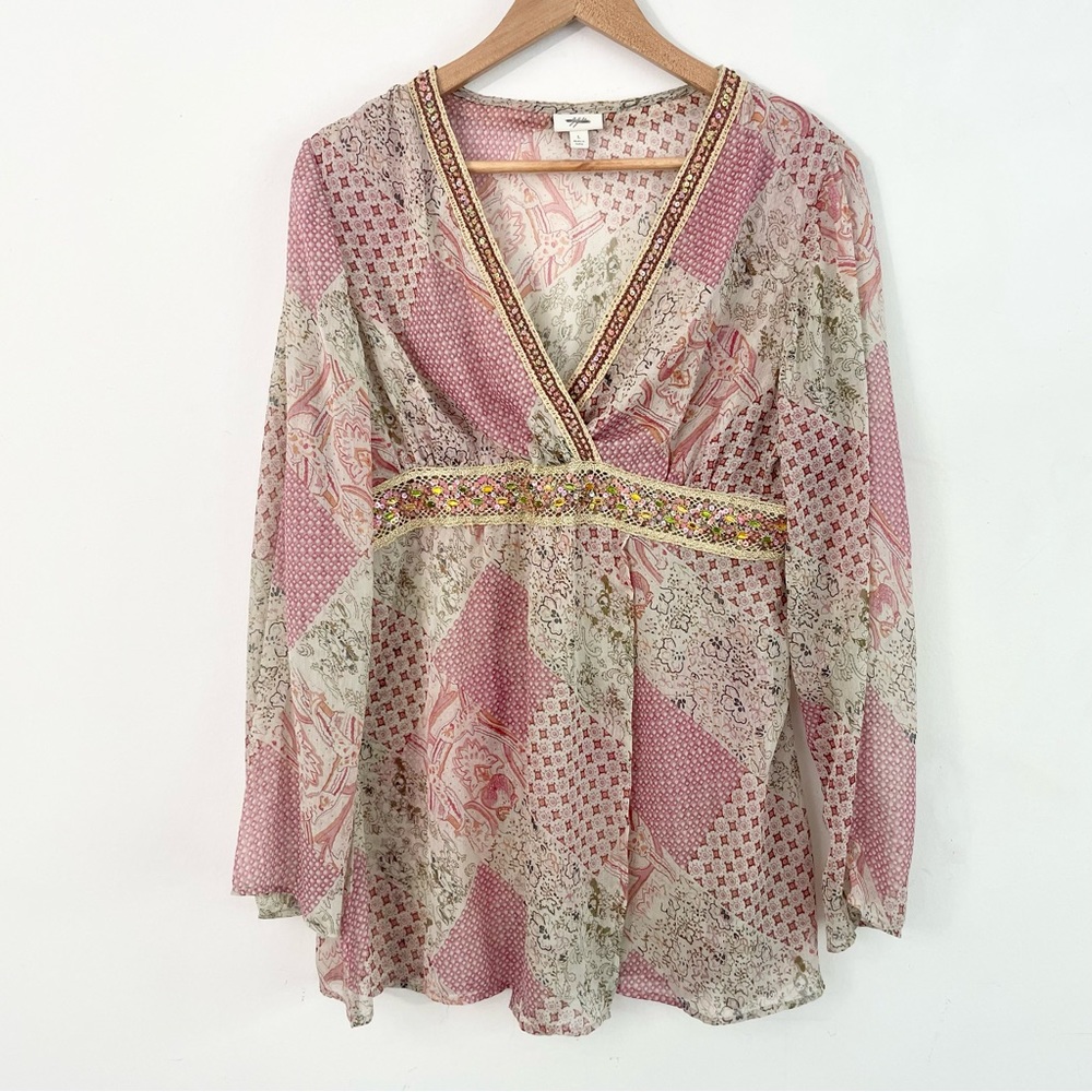 J. Jill Pink Patchwork Jewel Sheer V-Neck Long Sleeve Blouse Size Large
